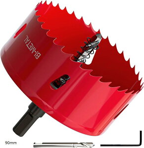 ホールソー バイメタル 穴あけ ドリルビット 切削 工具 DIY 鉄 アルミ 石膏ボード プラスチック 木材などに対応 (レッド, 90mm)