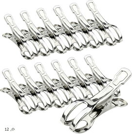 洗濯バサミ ステンレス 強力 大口サイズ 防風 布団バサミ ピンチ 洗濯物干し (シルバー, 小 12個セット)