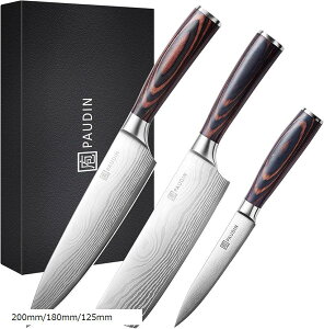 包丁セット 牛刀包丁・菜切り包丁・ペティナイフ3点セット 両刃包丁 5Cr15Mov高炭素ステンレス製 防錆 切れ味長い 木製ハンドル 肉切り・ 魚切り・菜切り包丁(Silver, 200mm/180mm/125mm)