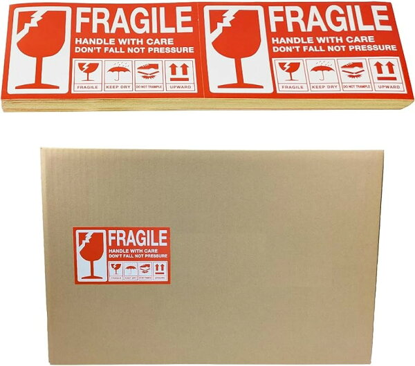 取扱注意 われもの注意 シール Fragile ワレモノ注意 梱包ラベル 壊れ物 荷札シール (レッド,  15x9cm，200枚)