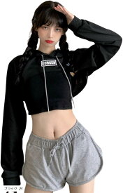 クロップド丈 トップス へそ出し 服 レディース 韓国 kpop crop パーカー タンクトップ ミニtシャツ インナー ダンス セクシー ショート丈 (ブラック, M)