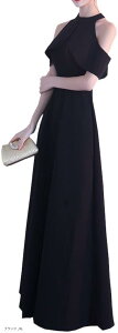 ロングドレス フレア Aライン ハイウエスト マキシ丈 オフショルダー 肩だし シンプル ワンピース パーティー レディース(ブラック, XL)
