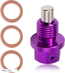 マグネット式オイルドレンプラグ 磁気オイルドレンプラグ 強力 ドレンボルト M12 x 1.25mm オイルドレンボルト アルミニウム合金 エンジンオイル (パープル, M12 x 1.25)