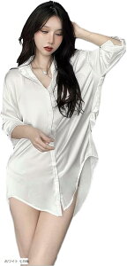 彼シャツ 大きいサイズ かわいい OL コスプレ 制服 カッターシャツ サテン (ホワイト 七分袖)