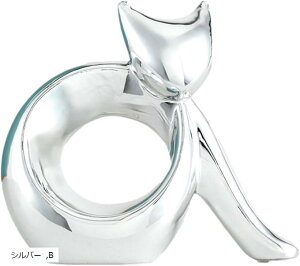 猫 アート オブジェ エレガント ネコ 置物 おしゃれ インテリア 雑貨 陶器小物かわいい 卓上 オーナメント コレクション フィギュア 北欧 寝室 リビング 玄関 ギフト (シルバー, B)