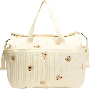 totto&cot 2way マザーズバッグ大容量 軽量 キルティング 刺繍 くま柄 トートバッグ 多機能 ポケット付き 出産準備 入院バッグ ヌビバッグ ママバッグ かわいい 通園くま (ホワイト, Free Size)