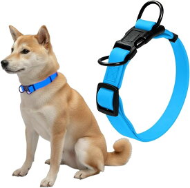 犬 首輪 ダブルリング 首周り42～63cm 幅2.5cm 中型犬 大型犬 PVC 犬用 防水 防汚 アウトドア (ブルー, M (首周り34～48cm/幅2.0cm))