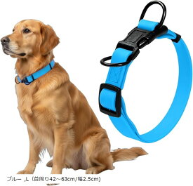 犬 首輪 ダブルリング 首周り42～63cm 幅2.5cm 中型犬 大型犬 PVC 犬用 防水 防汚 アウトドア (ブルー, L（首周り42～63cm/幅2.5cm))