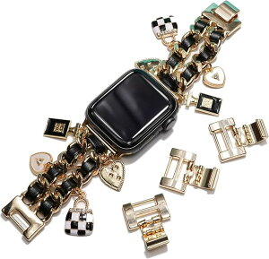 �݊��i/��֕i �`�F�[�� �o���h �`���[���t�� ���烌�U�[ ���^�� �H��s�v Apple Watch �A�b�v���E�H�b�`Series 11/10/9/8/7/6/5/4/SE/Ultra (�S�[���h/�u���b�N, 44mm 45mm 46mm)