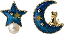 猫 ピアス 月 星 アシンメトリー パール 小ぶり 両耳 2個セット レディース かわいい (シルバー, 中)