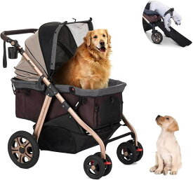 滑り止めスロープ ペットカート 犬 バギー 4輪 犬用かーと 小型犬 中型犬 大型犬 多頭 ペットキャリーカート ワンタッチ折り畳み 自立式 大口径タイヤ ペットバギー (ベージュ（G5）)