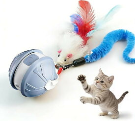 猫 おもちゃ猫用おもちゃボール 電動自動動きおもちゃ 自動猫ボールおもちゃ インタラクティブ猫ボール 尻尾付き 羽根 ぬいぐるみ ボール付き LED ライト付き Type-C 充電式 (青)