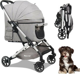 ペットカート 犬 バギー 4輪 小型犬 中型犬 多頭 ペットキャリーカート ワンタッチ折り畳み 自立式 ゴム製大口径タイヤ 一体型 ペットバギー コンパクト 広い空間 前輪固定 軽量 タイヤ緩衝設計 通気窓 飛び出し防止 (グレー, 中型)
