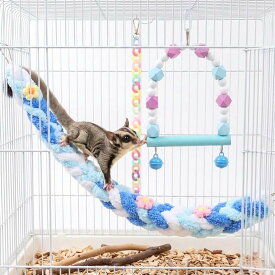 モモンガ おもちゃ 小動物 遊び場 ロープ ブランコ 吊り下げ 玩具 3点セット (ブルー)