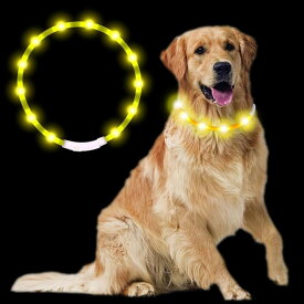最新型 犬用光る首輪 散歩 ライト usb充電式 装着簡単 柔らかい 軽量 サイズ調整可能 ペット 猫 LED光る首輪 安全対策 視認性 3つの発光モード (イエロー)