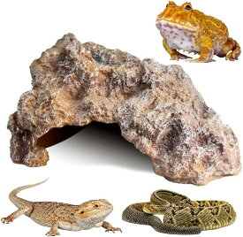 爬虫類 レオパ シェルター 岩風 隠れ家 トカゲ 亀対応 自然石デザイン 幅20.5 x 奥14 高さ11.5cm (サンド)