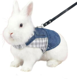 うさぎハーネス リード うさぎ用品 デニム モルモット 子犬 小動物用 胸あて式 調整可能 着ぐるみ お散歩用リード お出かけ用品 迷子防止 牽引ロープ 簡単着脱 記念撮影 (ギンガムチェック, Sサイズ)