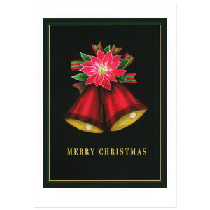 クリスマスカード 洋風 二つ折り 金子知子 B-75(KK-07) 楽しいクリスマス/リボン結びの赤いベル ジ−クレ−版画 MERRY CHRISTMAS印字 Christmas card グリーティングカード