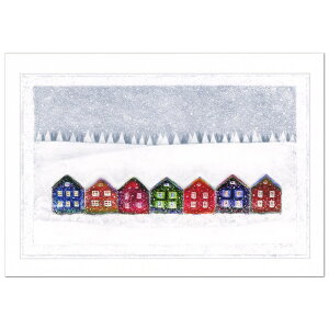 クリスマスカード 洋風 二つ折り 金子知子 FS-7(KK-18) 新雪のクリスマス/雪山にカラフルな家並 ジ−クレ−版画 MERRY CHRISTMAS印字 Christmas card グリーティングカード