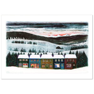 クリスマスカード 洋風 二つ折り 金子知子 S-52(KK-17) 里山のクリスマス/麓に並ぶ5軒のお店 ジ−クレ−版画 Season's Greetings印字 Christmas card グリーティングカード