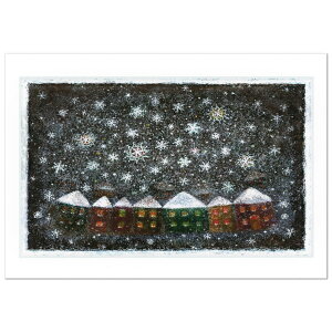 クリスマスカード 洋風 二つ折り 金子知子 S-58(KK-15) 聖夜の雪/明かりが灯る幸せな家々 ジ−クレ−版画 MERRY CHRISTMAS印字 Christmas card グリーティングカード