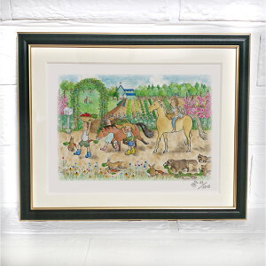 チアブーコの額入りイラスト『夏の大収穫』ジクレー版画インチサイズ イラストレーター:チアブーコかわいらしく優しい繊細な馬のイラストIllustration チアブーコ馬 猫 タヌキ 鹿
