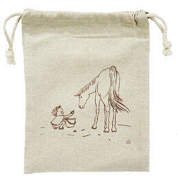 【チアブーコ】の優しい馬のイラスト巾着・ポーチ『ほら見て、カニだよ』再生コットンシャンブリック素材Illustration　チアブーコ