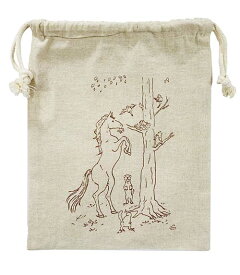 【チアブーコ】の優しい馬のイラスト巾着・ポーチ『ナイスキャッチ』再生コットンシャンブリック素材Illustration　チアブーコ