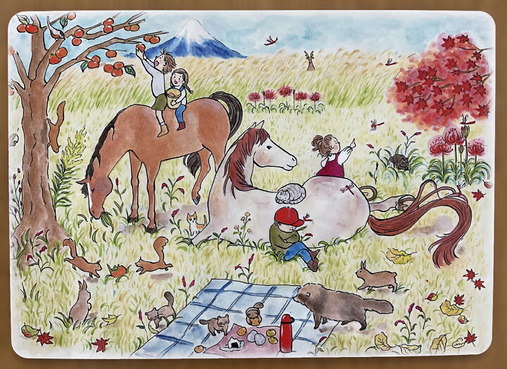 楽天市場 馬のイラストプレイスマット ランチョンマット 秋autumnillustration By チアブーコ 1枚 入り子供の声や動物の息遣い 季節の匂いも感じるような素敵なイラスト 毎日のお食事時間も楽しくなるね １枚の場合のみネコポス発送可能 馬グッズのホースシュー