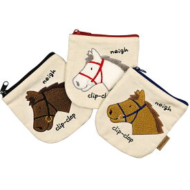 clip-clop 丸底ポーチ・クリップクロップ馬の顔はモコモコっとしたサガラ刺繍鹿毛、白毛、栗毛の馬たち