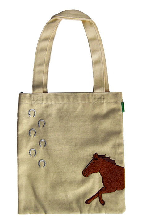 楽天市場 馬と蹄鉄 サガラ刺繍トートバッグ 生成り 白 ベージュ馬蹄 帆布素材トートバッグイラストおがわじゅり ホースシューオリジナル 馬グッズのホースシュー