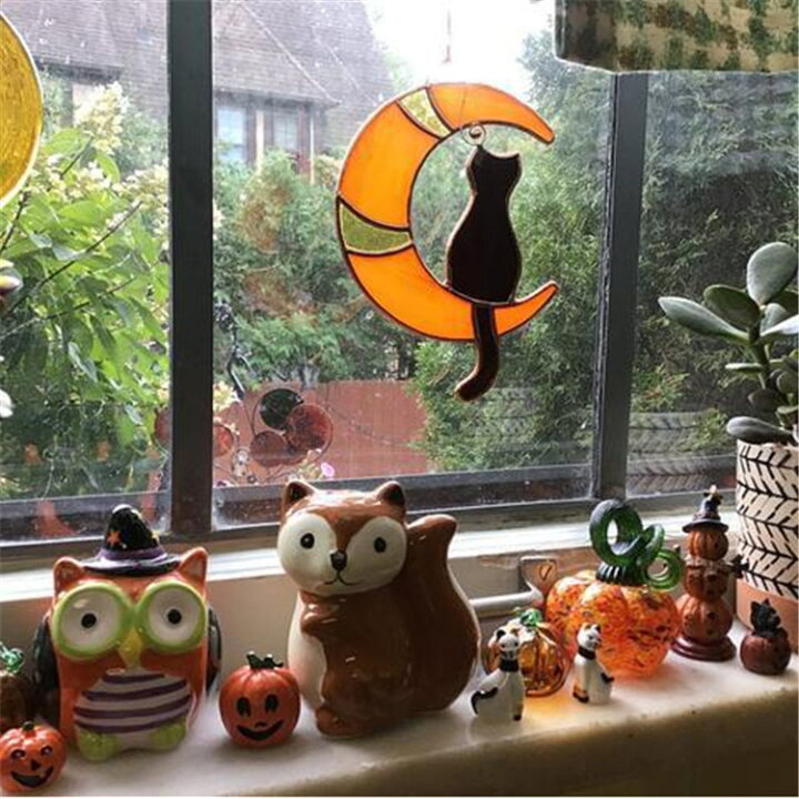 楽天市場 レビュー特典 送料無料 月 猫のステンドグラスの窓の吊り下げ ステンドグラスの猫の窓のハンガー 面白い窓の装飾のための猫の窓の投影ペンダント Hoshinoshop
