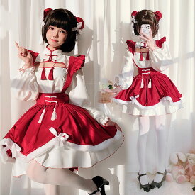 メイド ロリータ ワンピース チャイナ ロリ ゴシック Lolita系 猫 メイド チャイナドレス ロリィタ 膝丈 スカート 萌え萌え ゴスロリ 中華風 中華 少女ウェア 小悪魔 ハロウィン レディース 可愛い 二次元 ドレス 学園祭 文化祭 イベント クリスマス