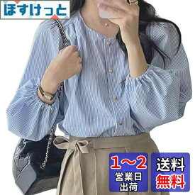[xppe] ブラウス レディース 七分袖 パフスリーブ トップス ハートボタン 前開き ゆったり 可愛い ボリュームスリーブ バルーン袖 無地 ストライプ 春 秋 色：ブルー、サイズ：L