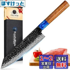 KyushuBlade 包丁 剣型（切付型）牛刀包丁 ダマスカス包丁 刃渡り210mm. プロ用三徳包丁, キッチン用万能包丁. 手打ち鍛造シェフナイフ, 槌目 ダマスカス模様 両刃包丁 左利き用, 錆びにくい67層の高炭素ステンレス鋼 料理包丁. 人間工学に基づいた八角形のローズウッド