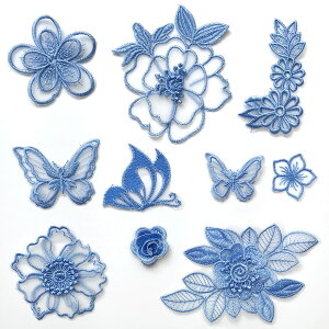 【送料無料】10枚 オーガンザワッペン お花 刺繍 アップリケ DIY 服 補修 工芸品の装飾 可愛い 縫い付け パッチステッカー ブルー