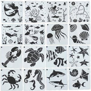 【送料無料】Mollytek 16枚セット 描画テンプレート ステンシルシート プレート 海洋動物 子供 手帳用 製図用 絵画テンプレート 描画ツール 絵描き道具 塗り絵 DIYアルバム 絵図
