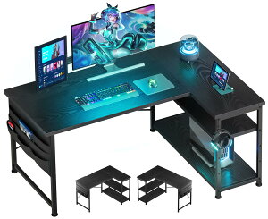 【送料無料】YeTom ゲーミングデスク l字デスク pcデスク 右棚左棚 幅107cm ゲーミングテーブル 収納袋付きオフィスデスク ゲームデスク ゲーミング机 つくえ ライティングデスク 黒い