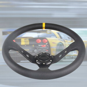 【送料無料】VEHSUN ステアリング 35φ 車用 カー ハンドル ディープコーン 直径350mm ブラックスポーク スポーツタイプ 軽量アルミニウム ライチ柄 ステアリングホイール PVC防錆 車用 ホーンボ