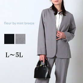 【20%OFFクーポン】【新作 L〜5L】ストレッチ ノーカラー ジャケット スーツ単品 大きいサイズ レディース 春 オールシーズン 長袖 fleur by mint breeze フルール バイ ミントブリーズ 婦人服 ファッション 30代 40代 50代 60代 ミセス おしゃれ 通販 送料無料