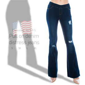 ハイウエスト ストレッチ ダメージ フレア デニムジーンズ ベルボトムパンツ ブーツカット Pull on distress flare denim jeans. ウエストゴム 大きいサイズ S M L XL 細見え らくらく 楽々 フィット カジュアル 裾広がり []