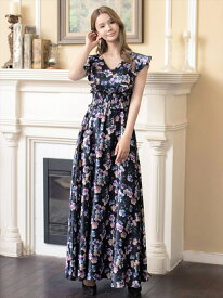 [SALE品のため返品不可][GINZA COUTURE] フリルポイント Vネック 花柄 プリント 切り替え ノースリーブ Aライン ハイウエスト ロングドレス ブラック ピンク イエロー エレガント モダン フォーマル ゴージャス 大きいサイズ 衣装 撮影 演奏会 ERUKEI LK エルケイ C22065