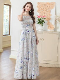 [SALE品のため返品不可][GINZA COUTURE] 2color フラワープリント Aライン ノースリーブ ウエストリボン ロングドレス グレー ベージュ エレガント モダン シック キュート フォーマル ゴージャス 大きいサイズ 撮影 演奏会 発表会 ERUKEI LK エルケイドレス C24018