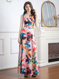 [GINZA COUTURE] 「ピンクのみSALE30%OFF 返品不可」スカーフプリント ペインティング ノースリーブ Aライン ロングドレス ピンク ホワイト ネイビー エレガント モダン シック キュート フォーマル 大きいサイズ 撮影 演奏会 発表会 ERUKEI LK エルケイドレス 31015