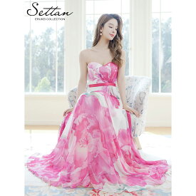 [SETTAN] 2color ベアトップ スピンドル シフォン 花柄 プリント Aライン ロングドレス ホワイト×ピンク ホワイト×オレンジ エレガント モダン シック キュート フォーマル ゴージャス 大きいサイズ ステージ衣装 撮影 演奏会 発表会 ERUKEI LK エルケイドレス S37102