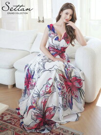 [SETTAN] 2color シフォン 花柄 フラワープリント Aライン Vネック ノースリーブ ロングドレス ワンピース ホワイト ネイビー パーティ 結婚式 披露宴 女子会 お食事会 2次会 発表会 演奏会 撮影 衣装 イベント クラブ 会社 キャバクラ 雪丹 エルケイ ERUKEI LK S36901 []