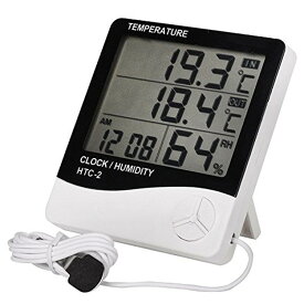 液晶デジタル温湿度計 時計表示 アラーム 室内外2ヶ所の温度を同時計測 HTC-2