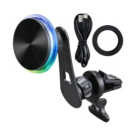 ワイヤレス充電 15W Qi充電機能付 レインボーイルミマグネットワイヤレスホルダー エアコンルーバー取付 スマホ充電 車内 D636 セイワ