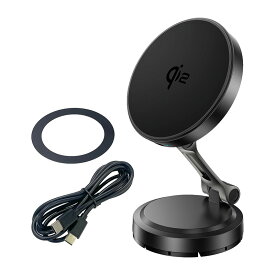 マグホールドスマホ充電ホルダー Qi2 最大15W コード長さ約1.2m メタルリング付属 ワイヤレス充電 ブラック D669 セイワ