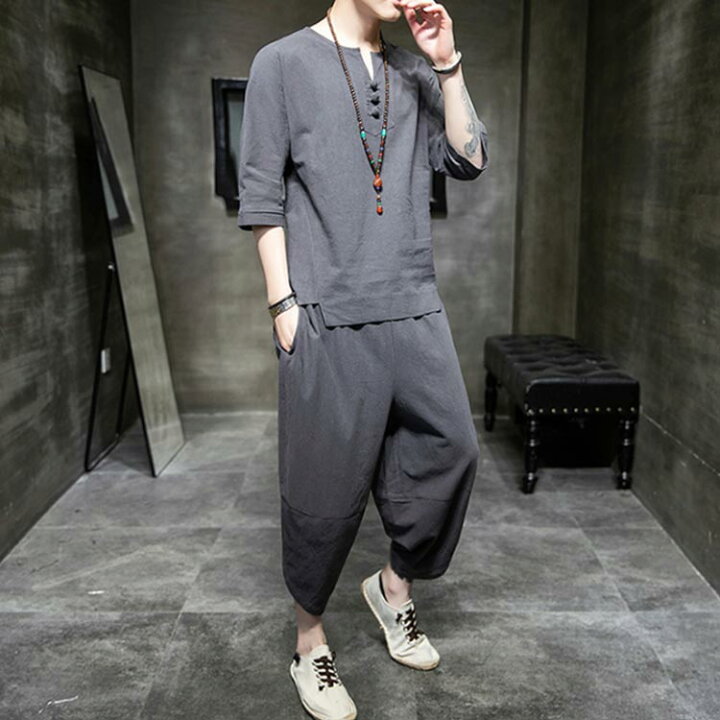 楽天市場】綿麻セットアップ リネン 送料無料 メンズ サルエルパンツ  